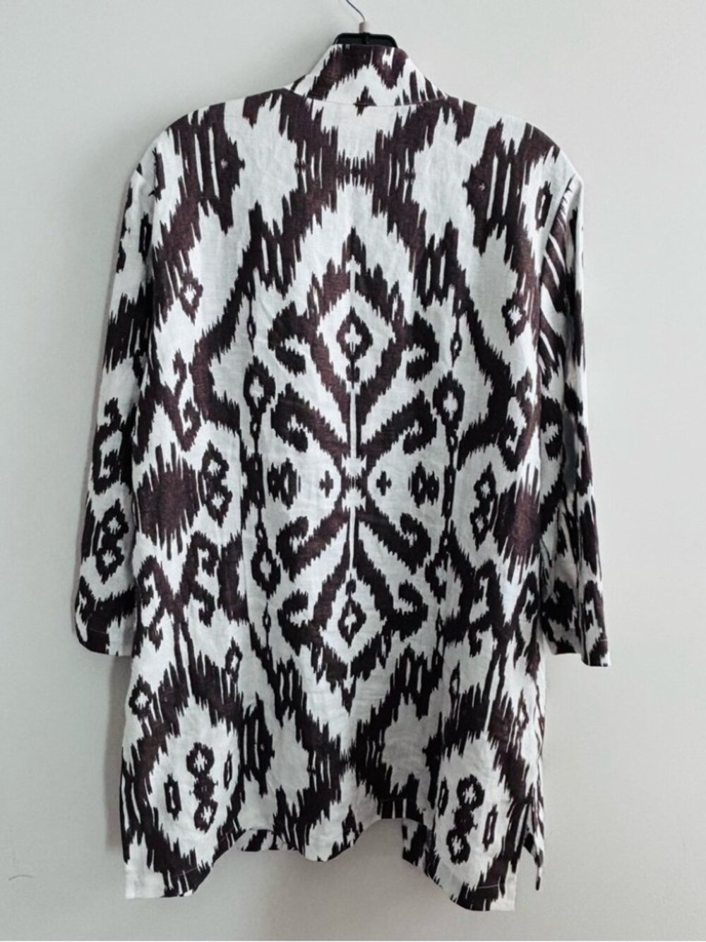 Chico's 100% Linen Topper Jacket Sz 2 L Large Brown White Ikat Boho Lagenlook - Picture 3 of 8